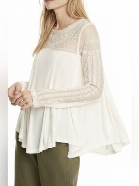 Free People Women's Small Jojo Mixed Media Embroidered Pullover Top Off-White